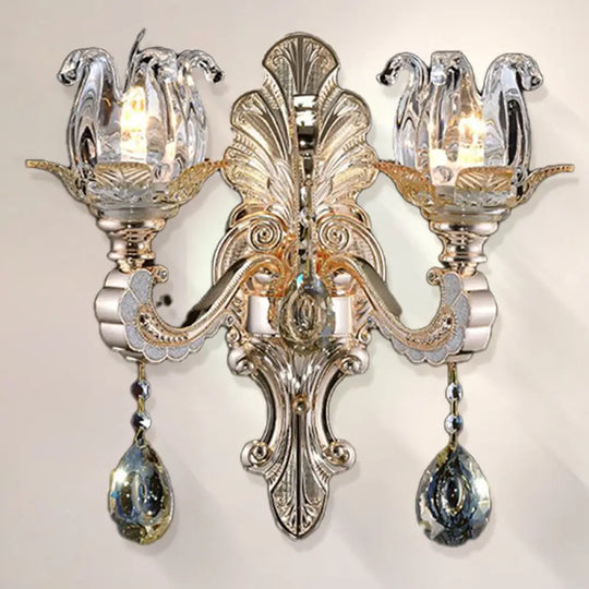 Contemporary Wall-Mounted Floral Sconce Light Fixture With Crystal Drop - Clear Glass 1/2 Heads 2 /