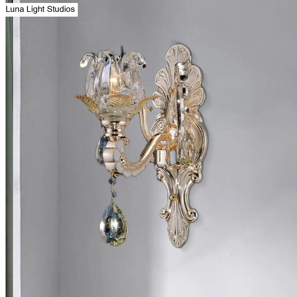 Contemporary Wall-Mounted Floral Sconce Light Fixture With Crystal Drop - Clear Glass 1/2 Heads