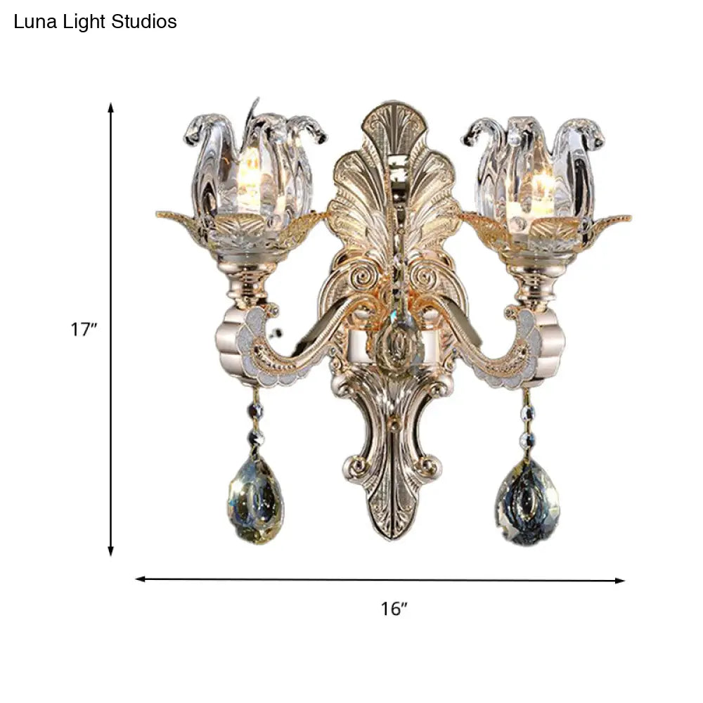 Contemporary Wall-Mounted Floral Sconce Light Fixture With Crystal Drop - Clear Glass 1/2 Heads