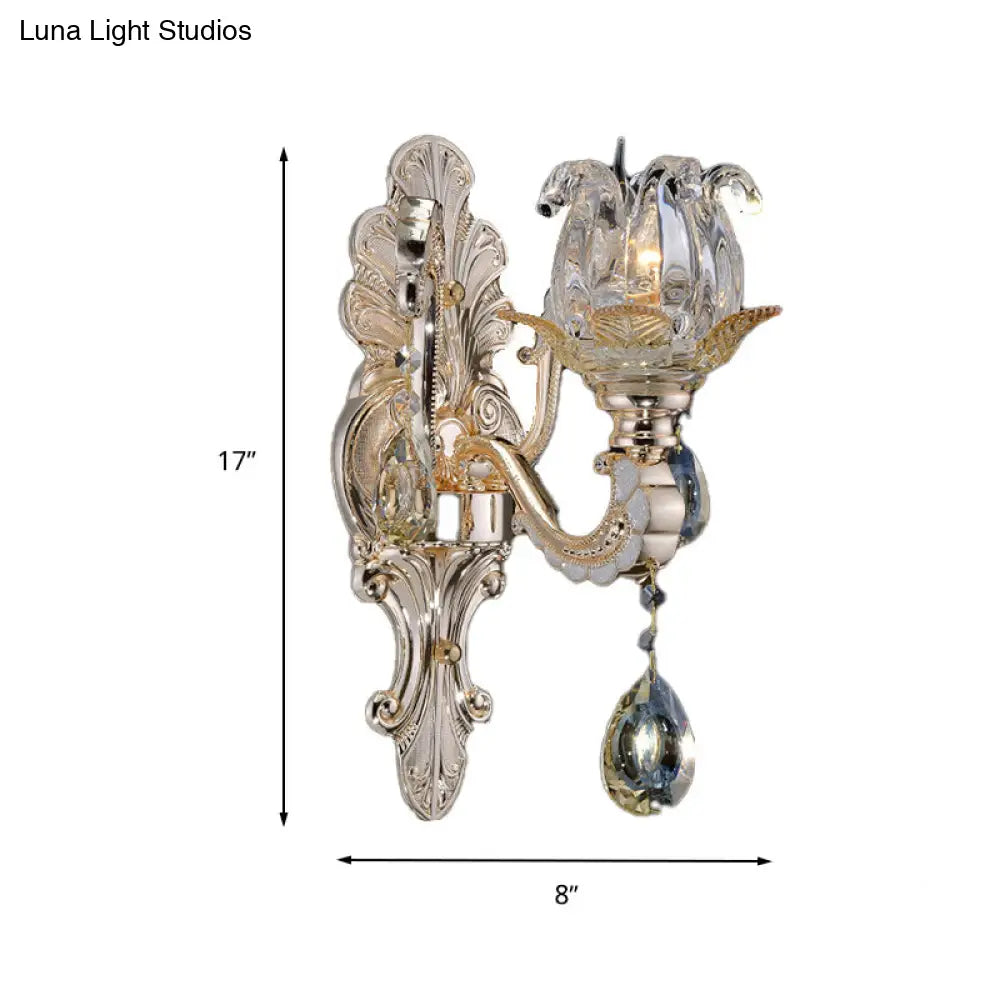 Contemporary Wall-Mounted Floral Sconce Light Fixture With Crystal Drop - Clear Glass 1/2 Heads