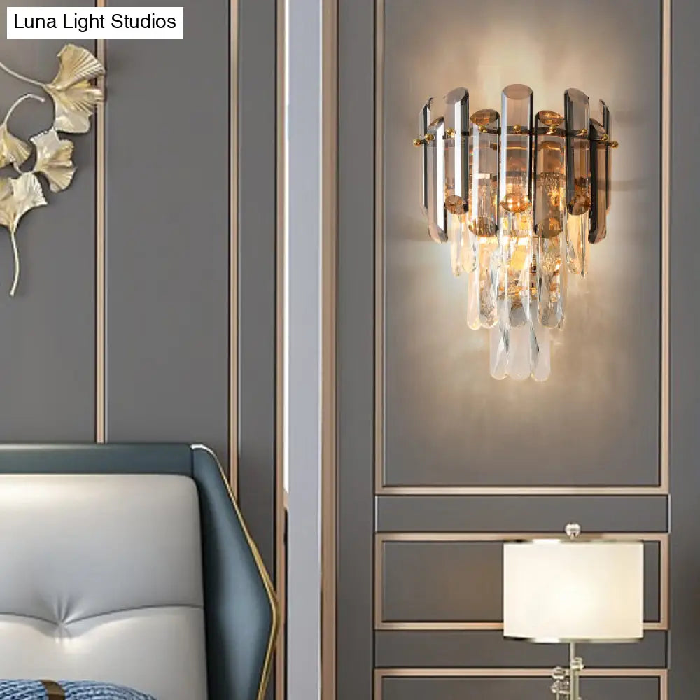 Contemporary Wall Sconce Lamp With Crystal Tiered Shade - 2-Light Bedroom Mounted Light