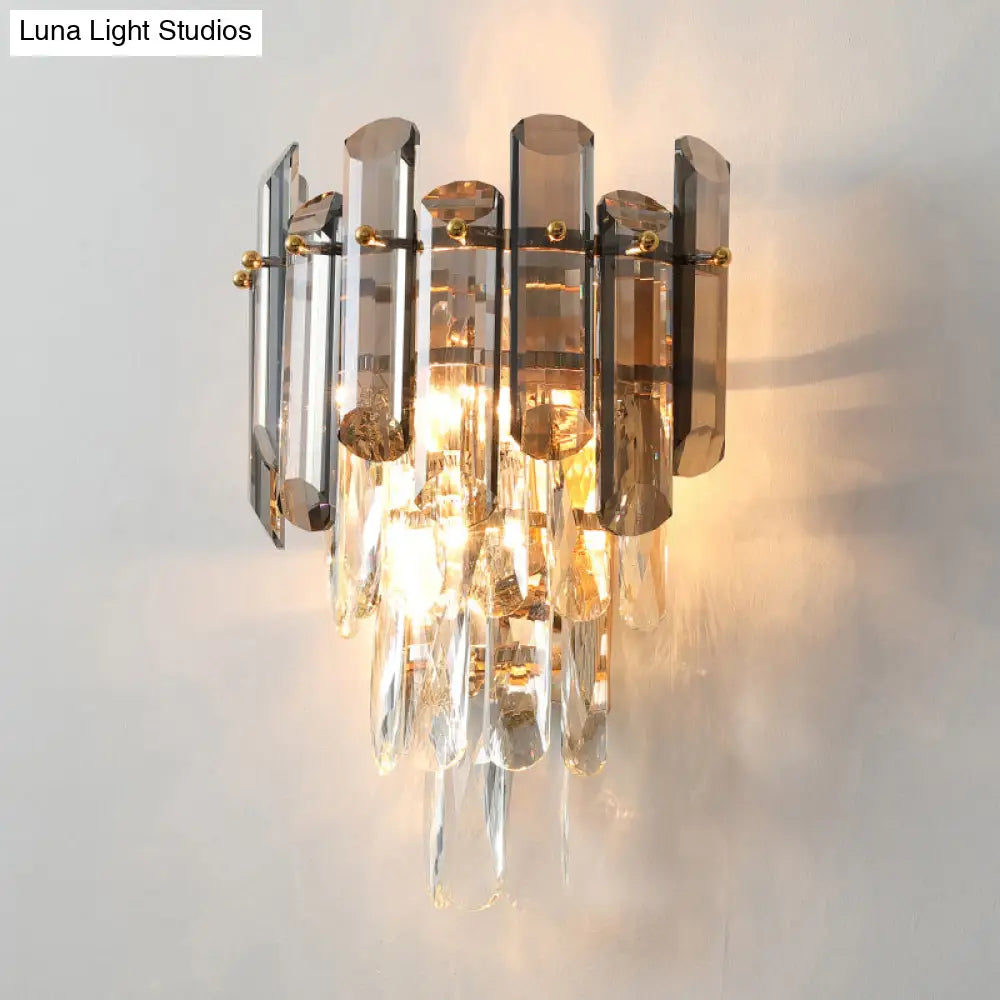 Contemporary Wall Sconce Lamp With Crystal Tiered Shade - 2-Light Bedroom Mounted Light