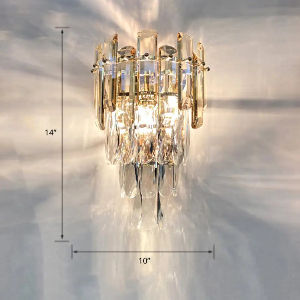 Contemporary Wall Sconce Lamp With Crystal Tiered Shade - 2-Light Bedroom Mounted Light Champagne