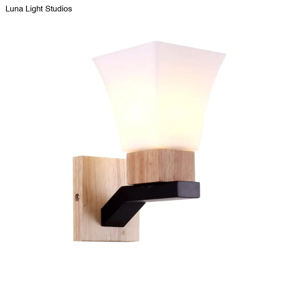 Contemporary Wall Sconce Light With Wide Flare Head And White Glass In Wood Mount