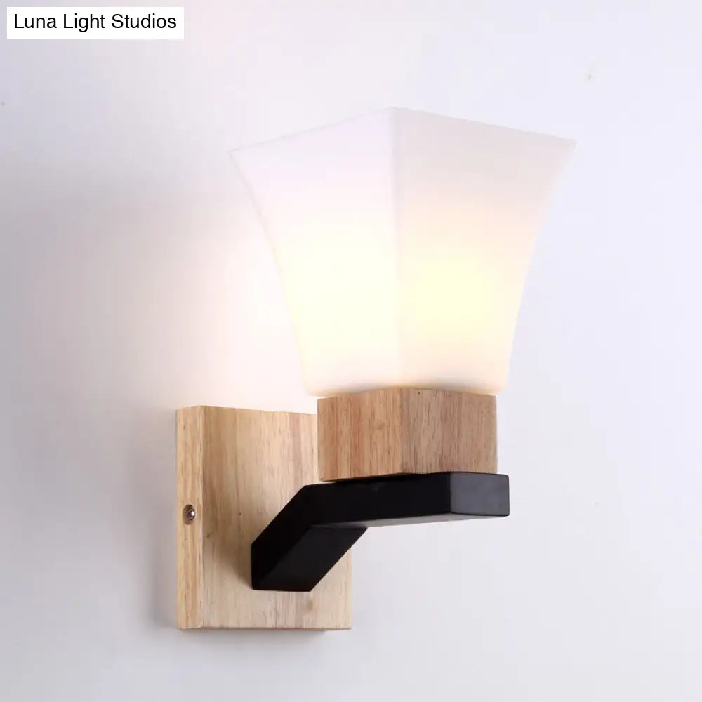 Contemporary Wall Sconce Light With Wide Flare Head And White Glass In Wood Mount