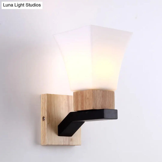 Contemporary Wall Sconce Light With Wide Flare Head And White Glass In Wood Mount