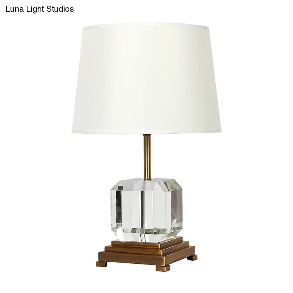 Contemporary White Barrel Night Table Lamp - Beveled K9 Crystal Nightstand Lighting With Square