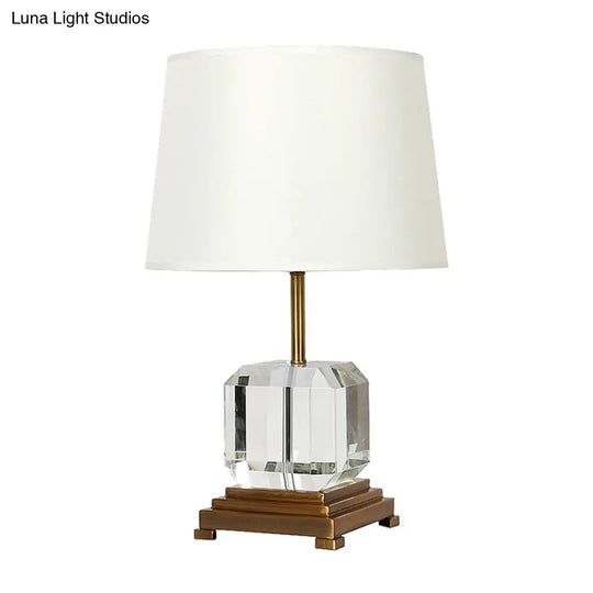 Contemporary White Barrel Night Table Lamp - Beveled K9 Crystal Nightstand Lighting With Square