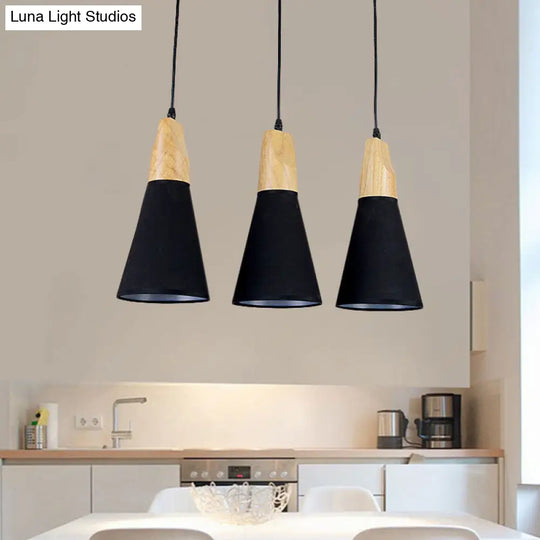 Contemporary White/Black Fabric And Wood Pendant Lamp - 3 Lights Cone Hanging Ceiling Light