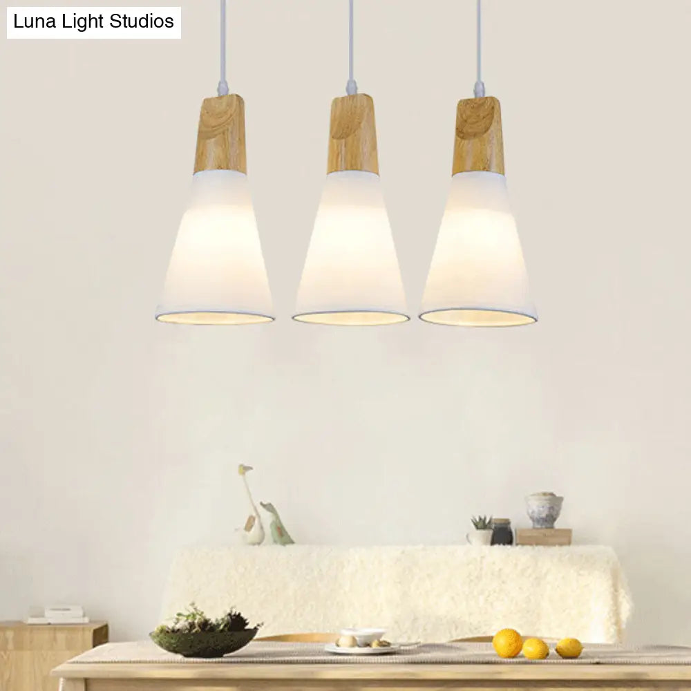 Contemporary White/Black Fabric And Wood Pendant Lamp - 3 Lights Cone Hanging Ceiling Light