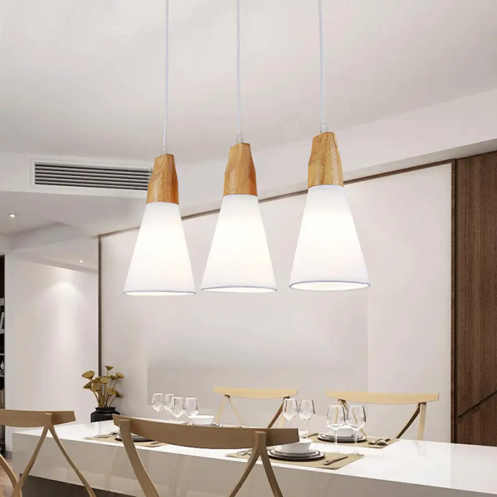 Contemporary White/Black Fabric And Wood Pendant Lamp - 3 Lights Cone Hanging Ceiling Light White