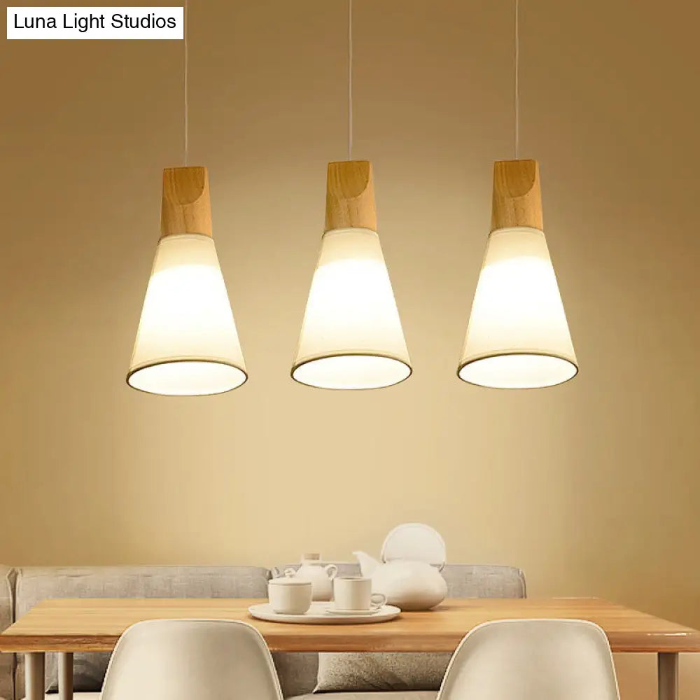 Contemporary White/Black Fabric And Wood Pendant Lamp - 3 Lights Cone Hanging Ceiling Light