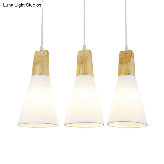 Contemporary Cone Pendant Light With 3 Hanging Lamps And Fabric/Wood Design