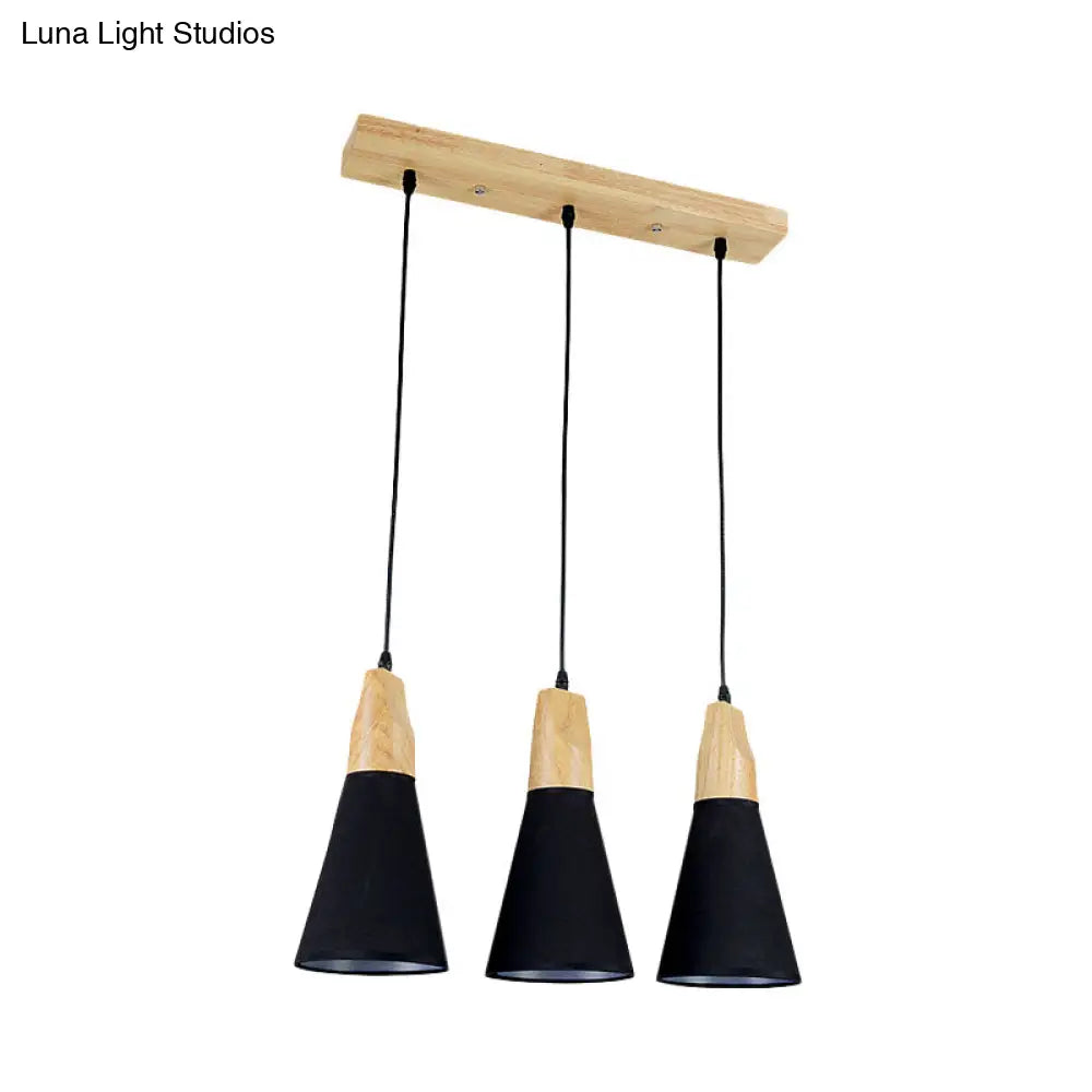 Contemporary White/Black Fabric And Wood Pendant Lamp - 3 Lights Cone Hanging Ceiling Light