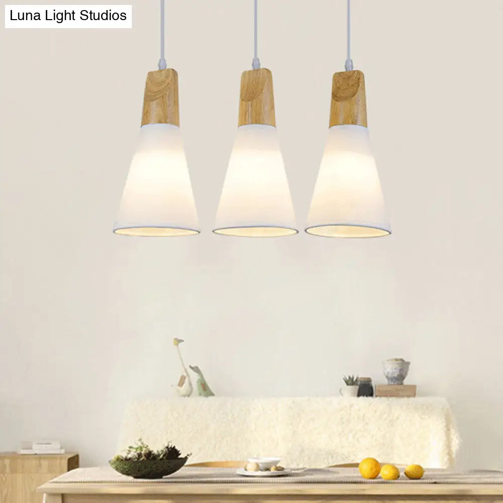 Contemporary Cone Pendant Light With 3 Hanging Lamps And Fabric/Wood Design