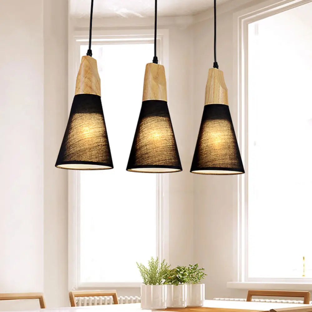 Contemporary White/Black Fabric And Wood Pendant Lamp - 3 Lights Cone Hanging Ceiling Light Black