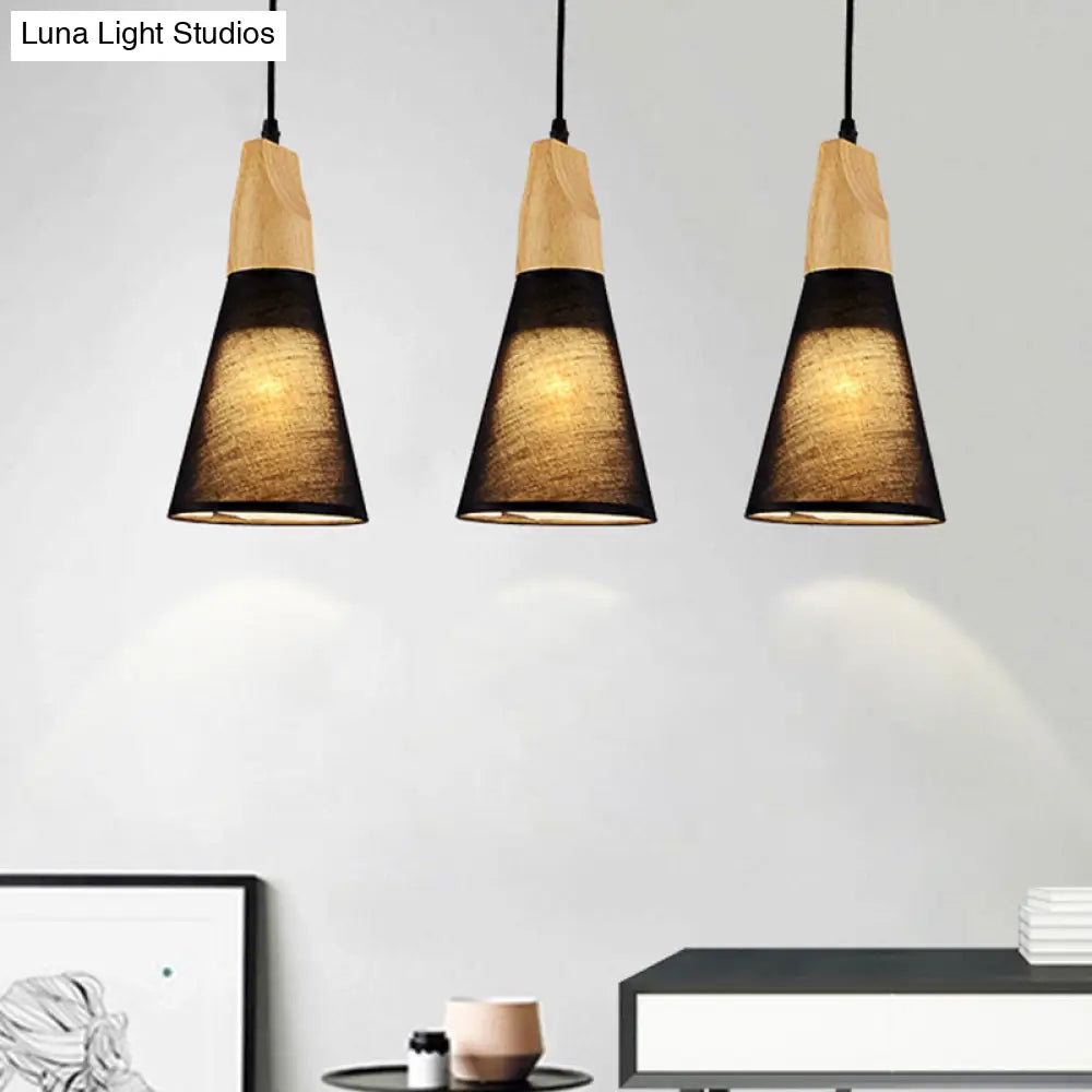 Contemporary White/Black Fabric And Wood Pendant Lamp - 3 Lights Cone Hanging Ceiling Light