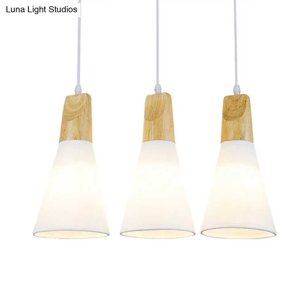 Contemporary White/Black Fabric And Wood Pendant Lamp - 3 Lights Cone Hanging Ceiling Light