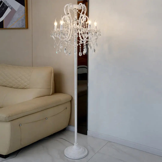 Contemporary White Crystal 4-Head Floor Lamp With Candlestick Shade For Living Room Lighting