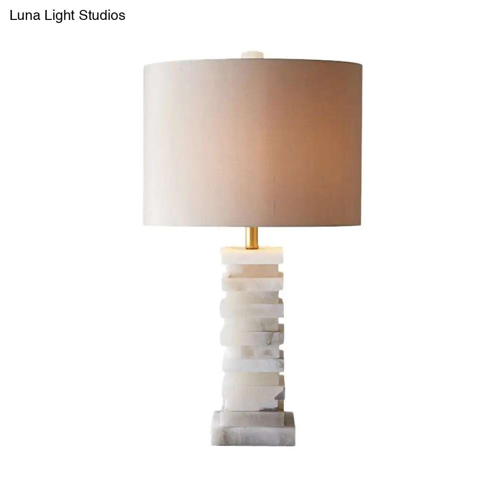 Contemporary White Desk Lamp With Fabric Shade - Cylindrical Night Table Light