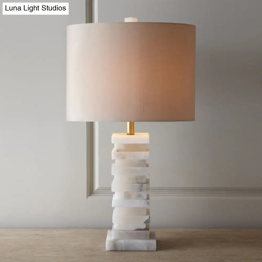 Contemporary White Desk Lamp With Fabric Shade - Cylindrical Night Table Light