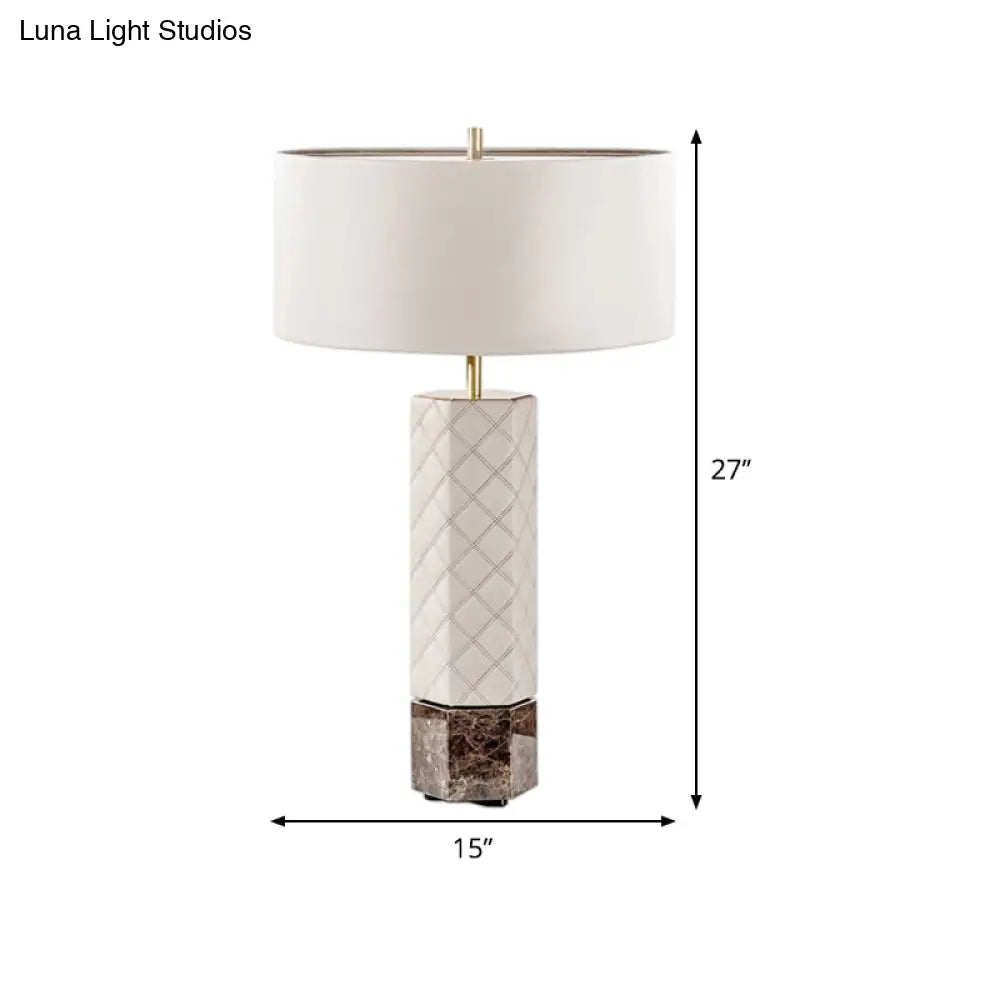 Contemporary White Desk Lamp With Fabric Shade - Cylindrical Night Table Light