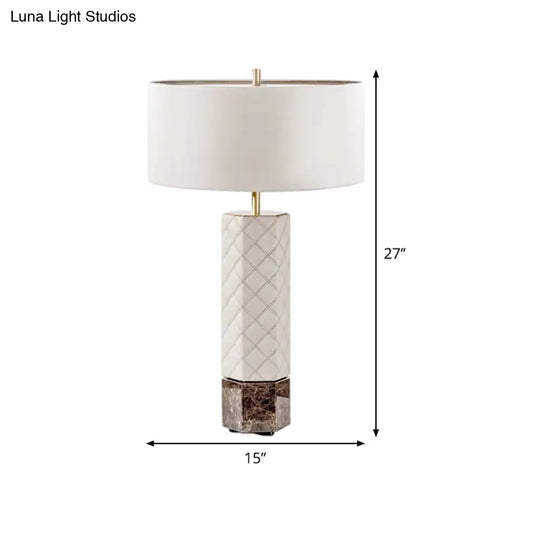 Contemporary White Desk Lamp With Fabric Shade - Cylindrical Night Table Light