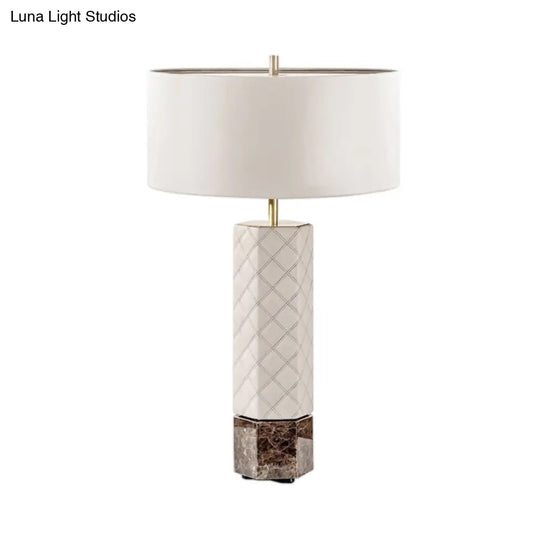 Contemporary White Desk Lamp With Fabric Shade - Cylindrical Night Table Light