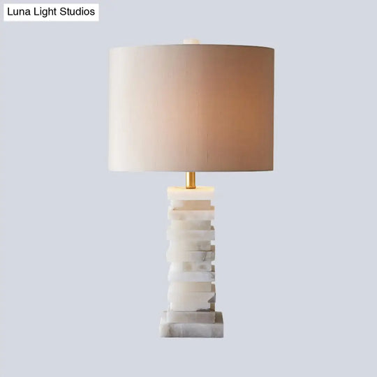 Contemporary White Desk Lamp With Fabric Shade - Cylindrical Night Table Light