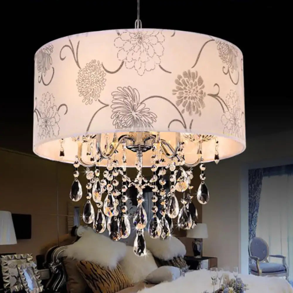 Contemporary White Drum Chandelier - 5-Light Hanging Fixture With Flower Pattern And Crystal Bead