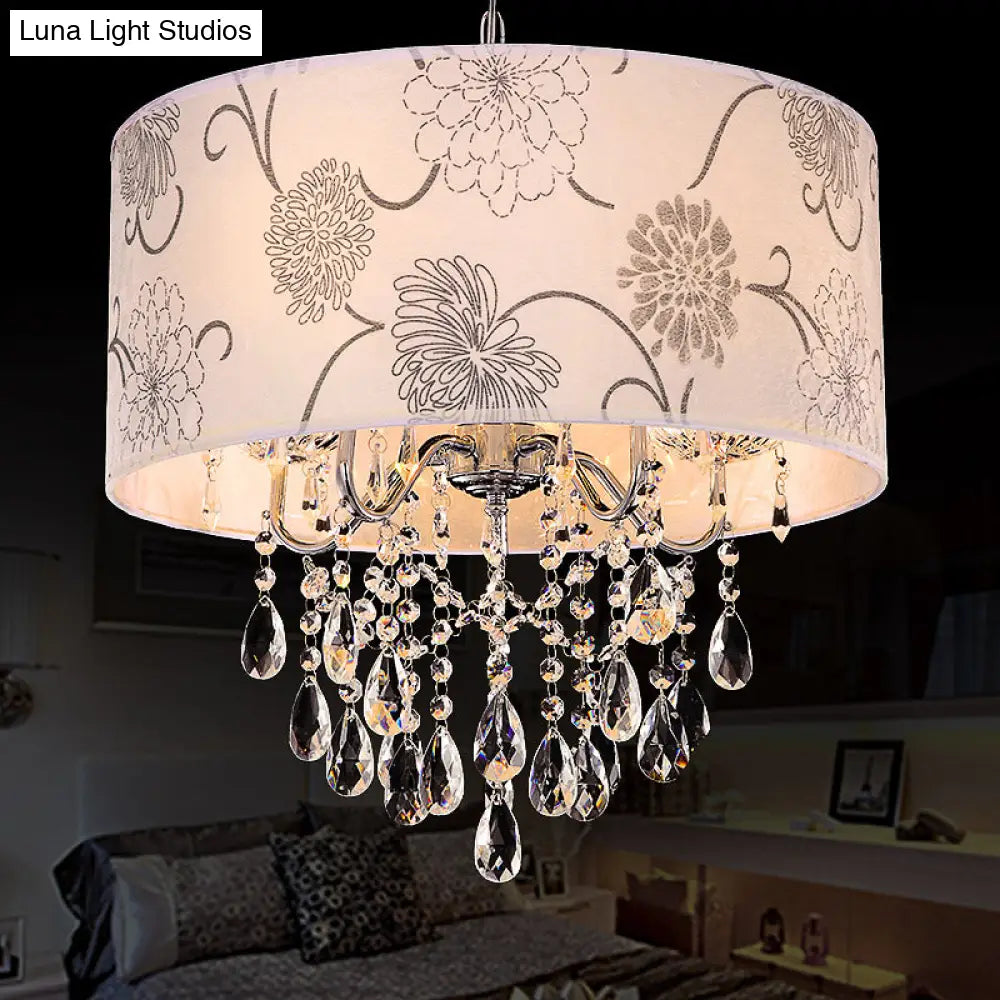 Contemporary White Drum Chandelier - 5-Light Hanging Fixture With Flower Pattern And Crystal Bead