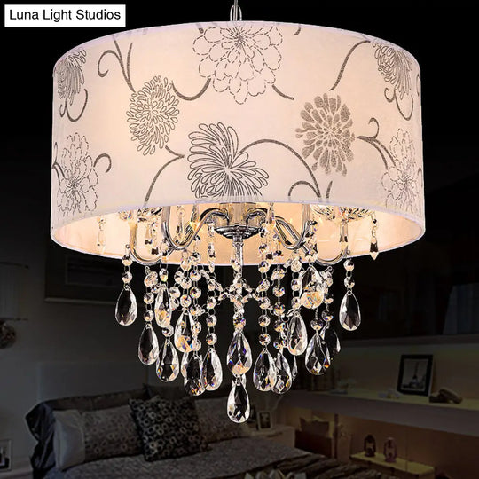 Contemporary White Drum Chandelier - 5-Light Hanging Fixture With Flower Pattern And Crystal Bead