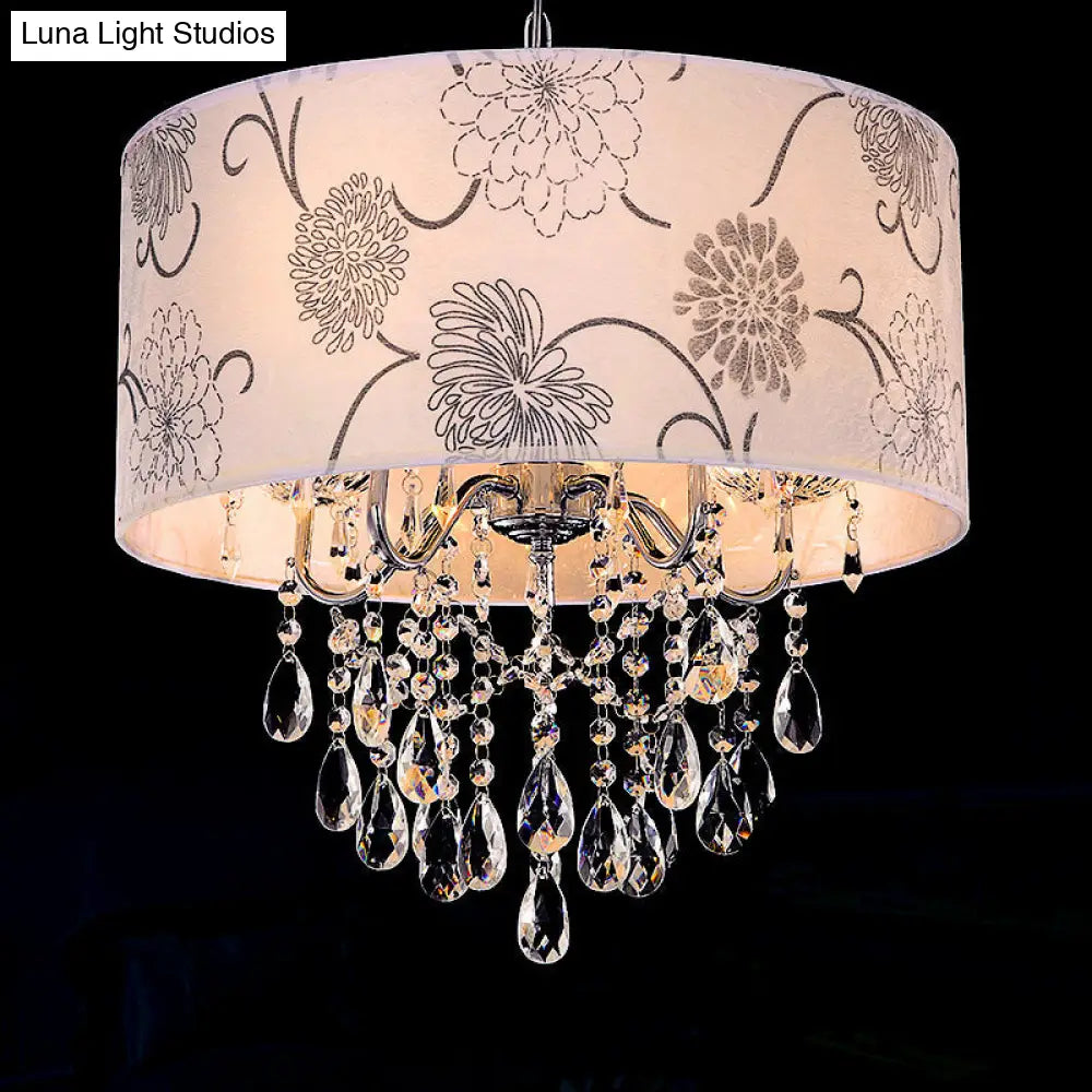 Contemporary White Drum Chandelier - 5-Light Hanging Fixture With Flower Pattern And Crystal Bead