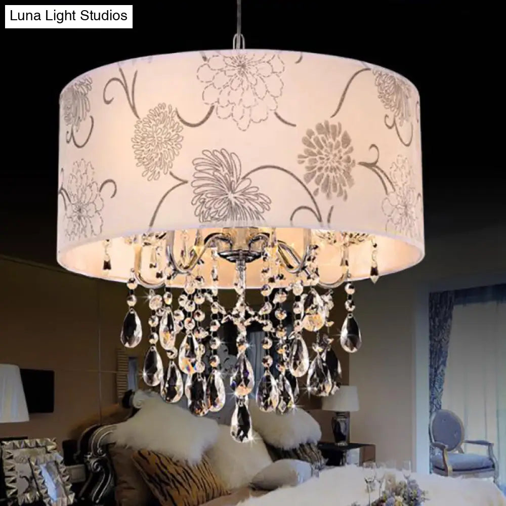 Modern Drum Chandelier - White Fabric 5 Lights Flower Pattern Clear Crystal Bead