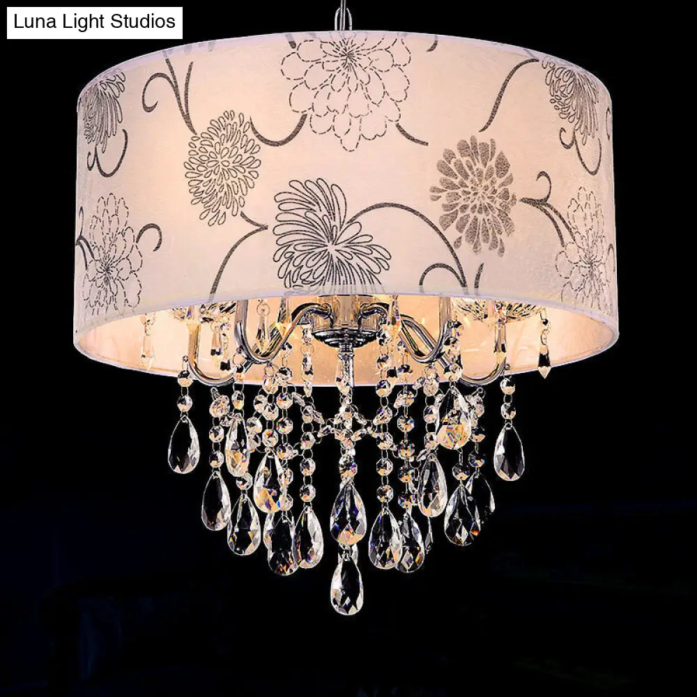 Modern Drum Chandelier - White Fabric 5 Lights Flower Pattern Clear Crystal Bead