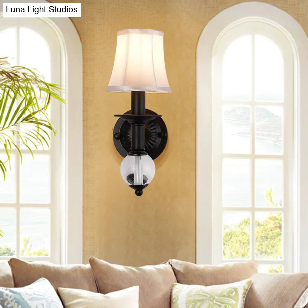 Contemporary White Fabric Bell Wall Sconce: 1 Light Crystal Ball Lamp Black