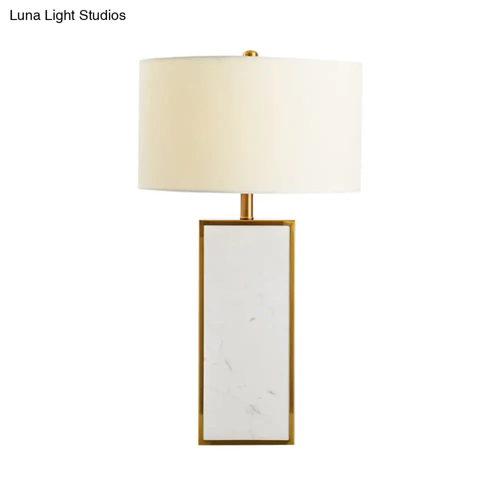 Contemporary White Fabric Stone Drum Table Light: Stylish 1-Head Nightstand Lighting For Living Room