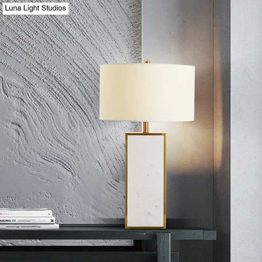 Contemporary White Fabric Stone Drum Table Light: Stylish 1-Head Nightstand Lighting For Living Room