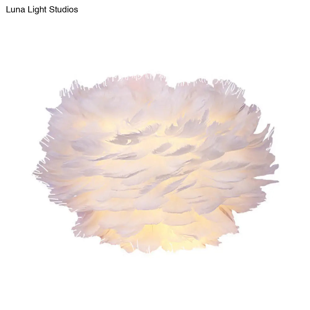 Contemporary White Feather Flush Wall Sconce - 1 Bulb Fabric Mounted Light For Bedside