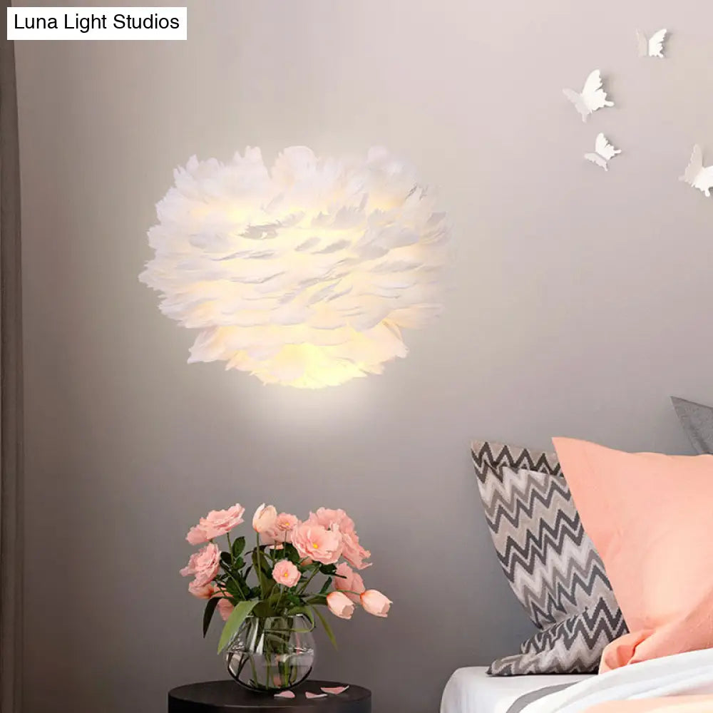 Contemporary White Feather Flush Wall Sconce - 1 Bulb Fabric Mounted Light For Bedside