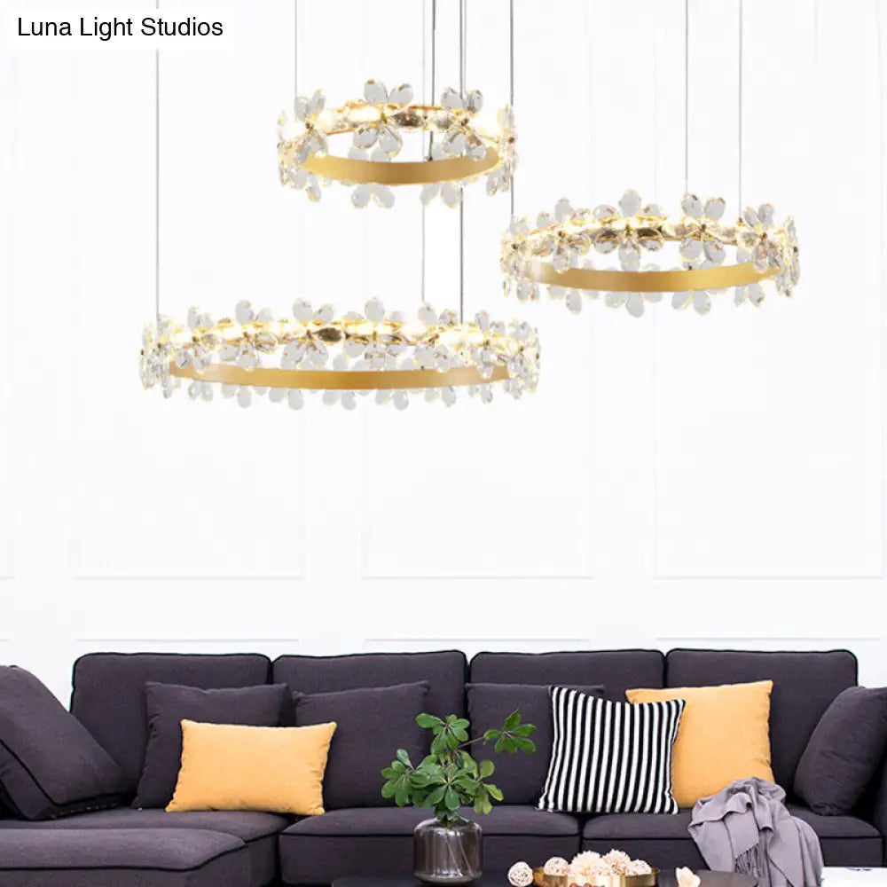 Contemporary White Chandelier Lamp - Crystal Pendant Light Fixture With 2/3 Led Lights In Warm Or