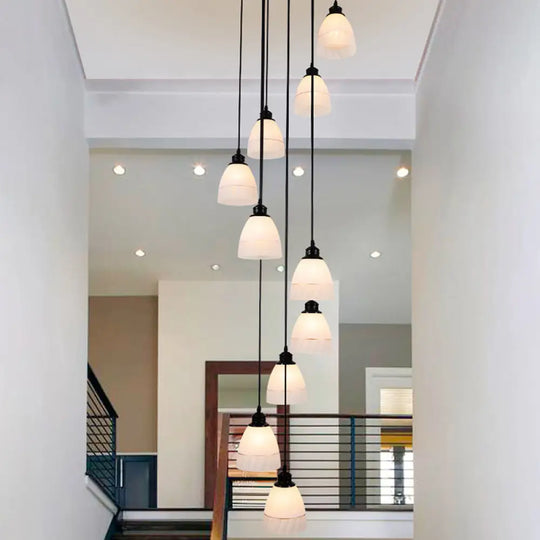 Contemporary White Glass Bell Suspension Light - 10-Head Staircase Multi Pendant In Black