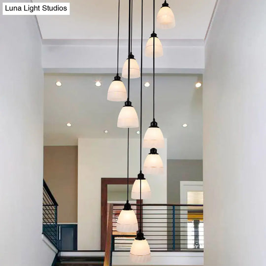 Contemporary White Glass Staircase Pendant Light With 10 Heads In Black