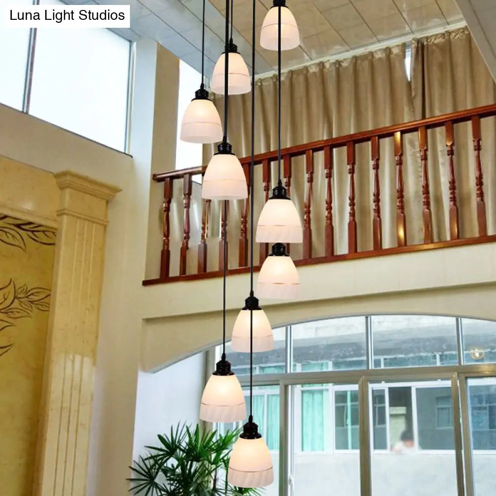 Contemporary White Glass Bell Suspension Light - 10-Head Staircase Multi Pendant In Black