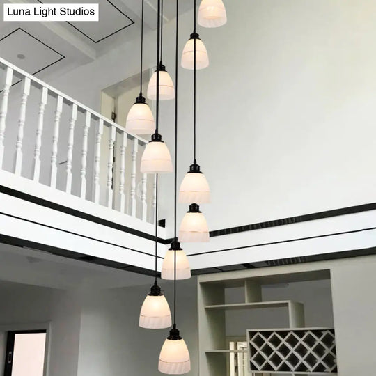 Contemporary White Glass Bell Suspension Light - 10-Head Staircase Multi Pendant In Black