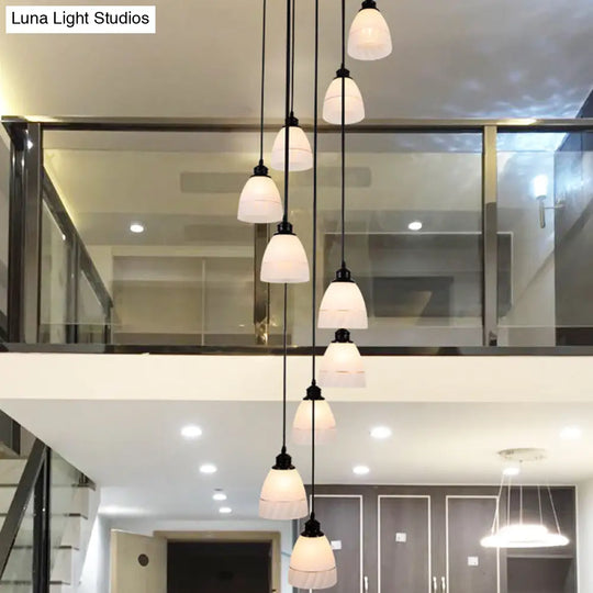 Contemporary White Glass Bell Suspension Light - 10-Head Staircase Multi Pendant In Black