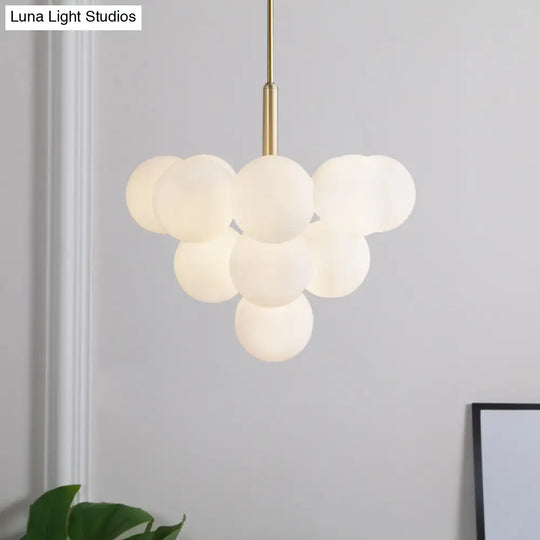 Contemporary White Glass Chandelier Lamp – 5/13 Lights Brass Pendant Light With Spherical Design