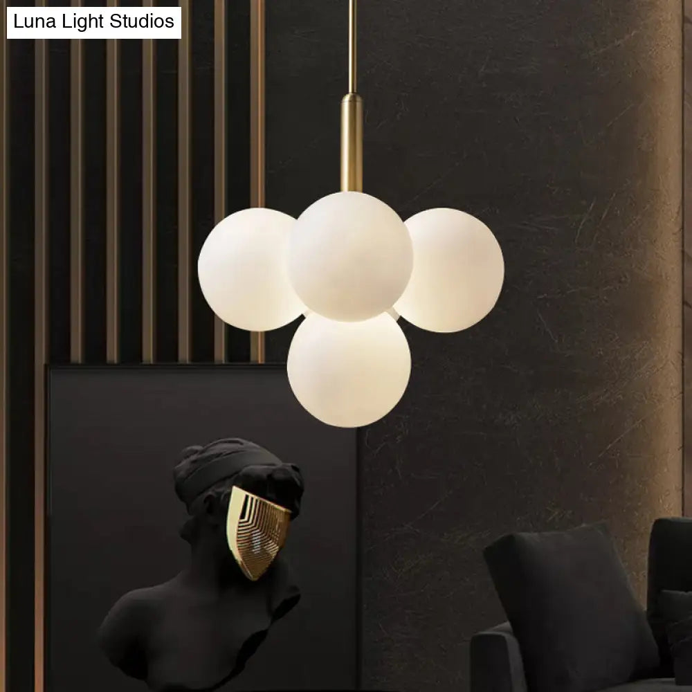 Contemporary White Glass Chandelier Lamp – 5/13 Lights Brass Pendant Light With Spherical Design