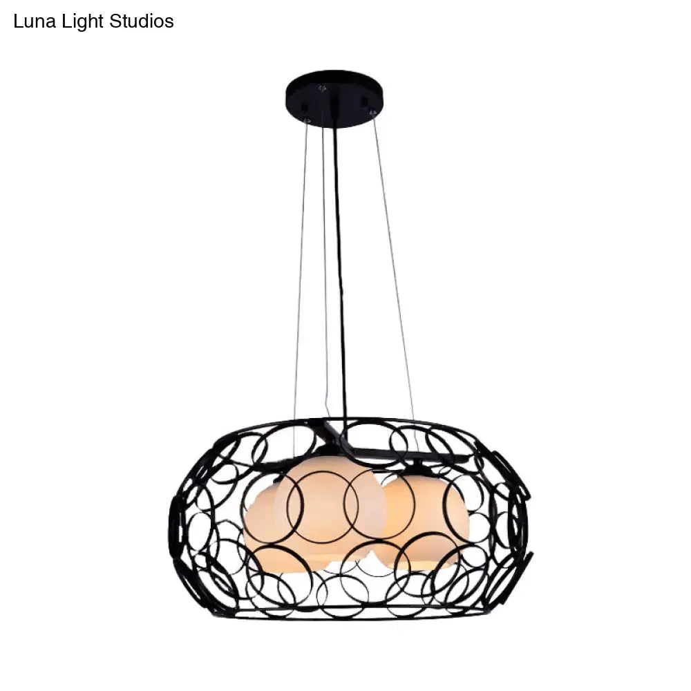 Contemporary White Glass Chandelier With Cage Design - 3-Light Hanging Ceiling Lamp