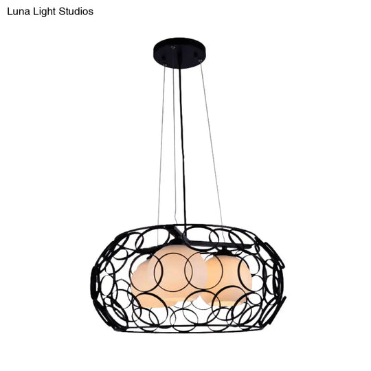 Contemporary White Glass Chandelier With Cage Design - 3-Light Hanging Ceiling Lamp